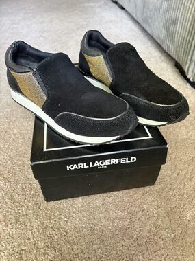 Karl Lagerfeld Black and Gold Slip-On Sneakers with White Sole